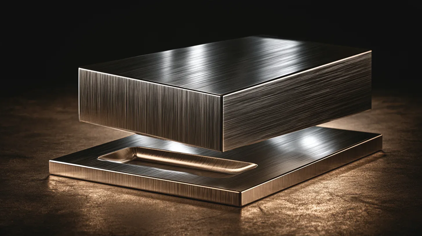 Ein gebürsteter Metallblock schwebt über einer Metallplatte mit passender Vertiefung, Licht fällt durch den Spalt.