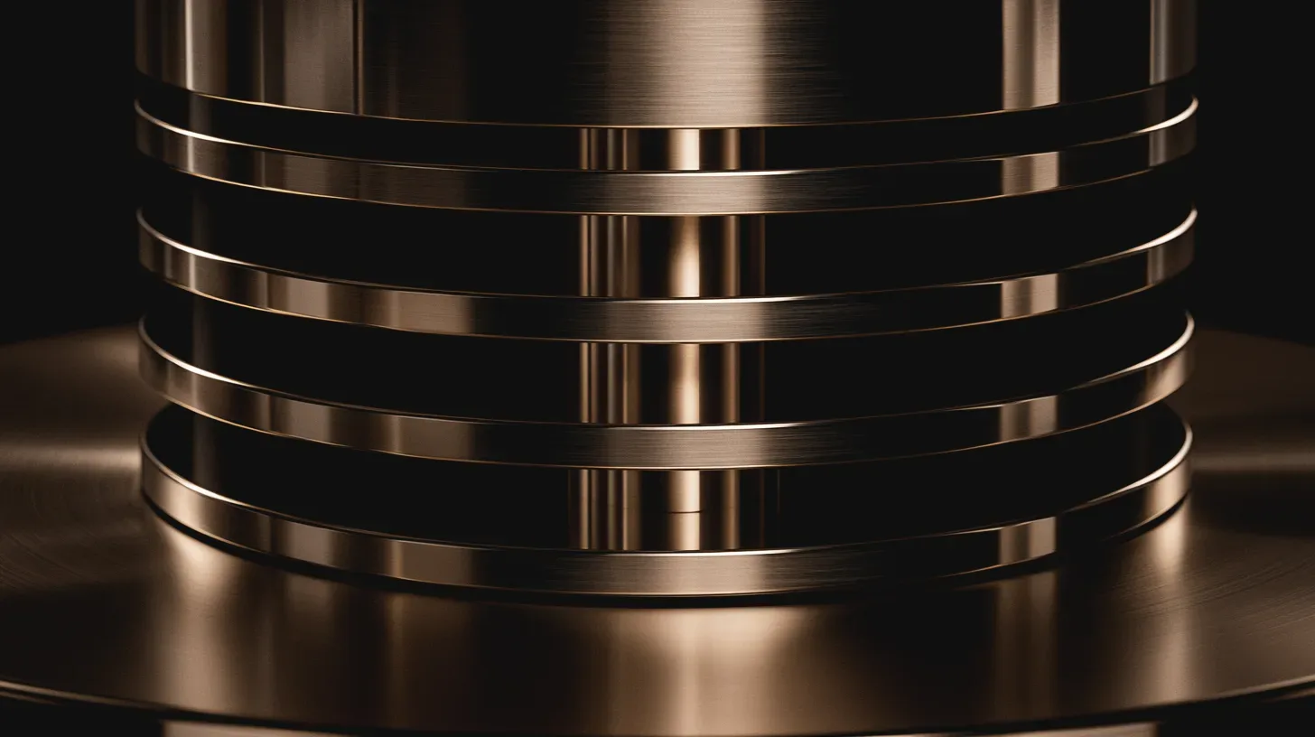 Eine Säule identischer Metallscheiben, nur die unterste sitzt auf, die übrigen werden auf Abstand gehalten.