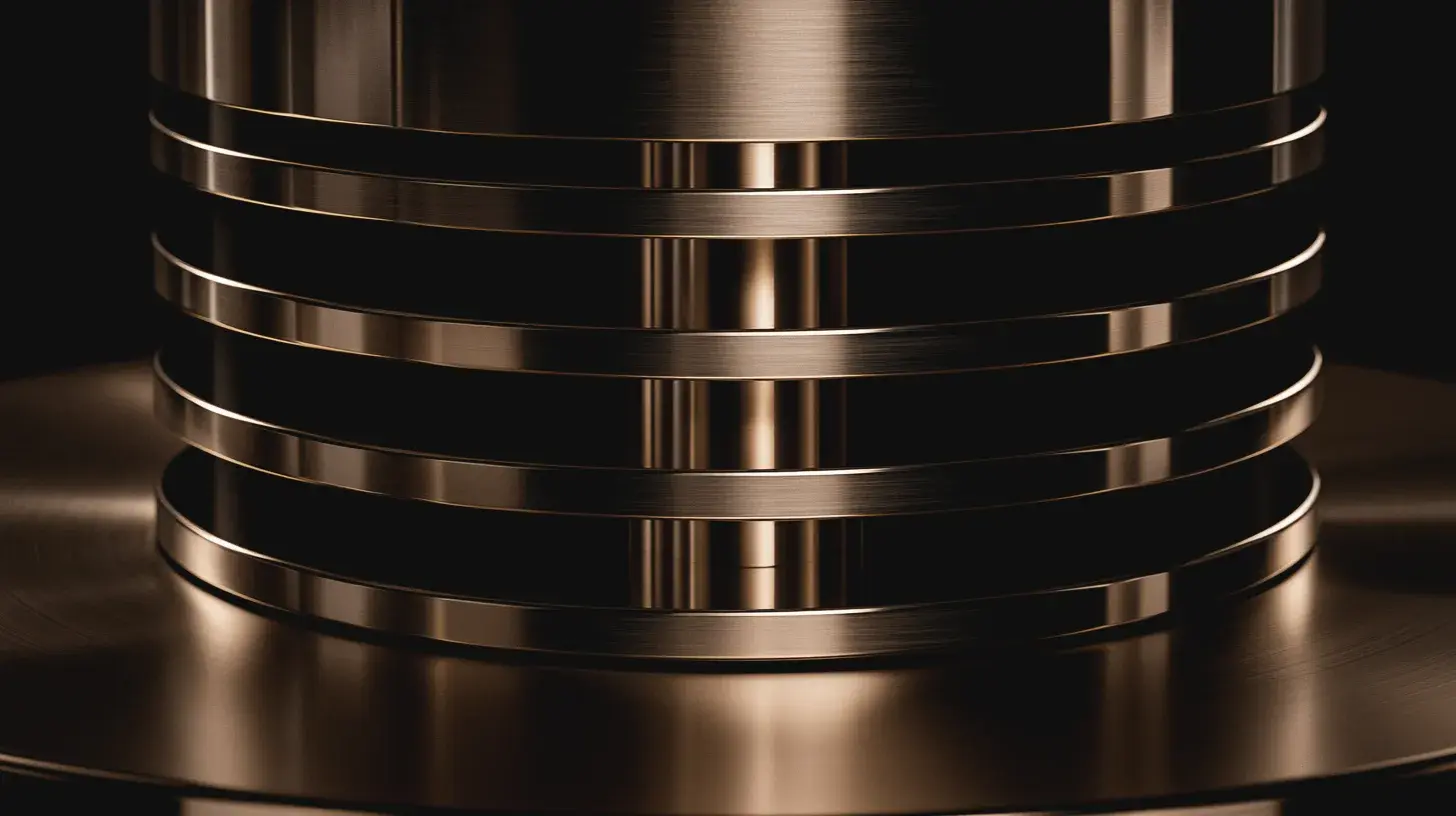 A column of identical metal discs, only the lowest seated, the rest held clear.