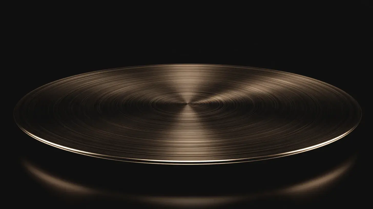 A broad polished metal disc with fine concentric rings spreading from its centre on a dark ground.