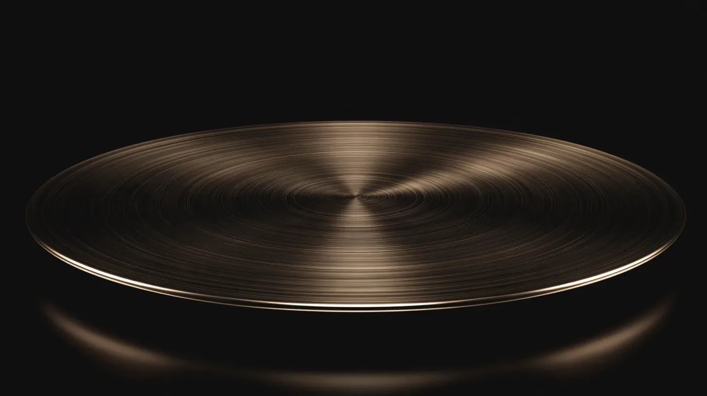 A broad polished metal disc with fine concentric rings spreading from its centre on a dark ground.