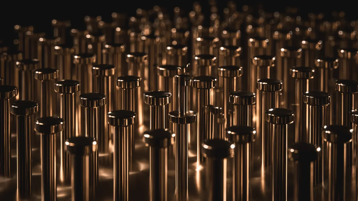 Ein dichtes Feld kleiner Metallstifte im Raster, die meisten auf gleicher Höhe, einige messbar höher.