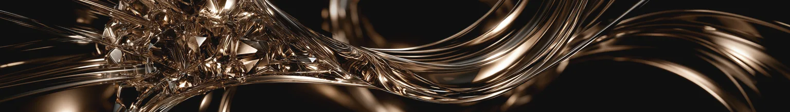 Nahaufnahme einer abstrakten Skulptur: kristalline Facetten lösen sich in fließende goldene Bänder auf.